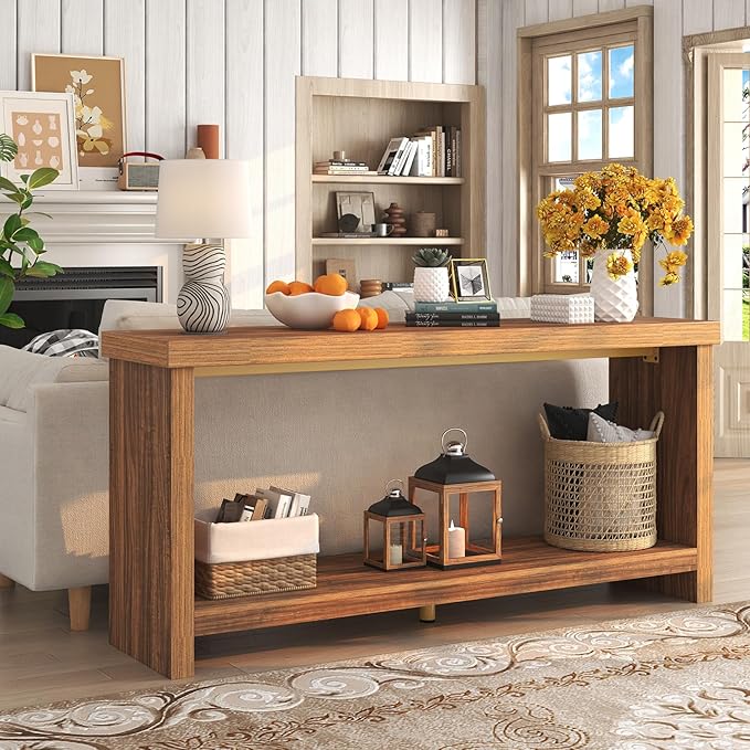 63 Inches Narrow Console Table, 2-Tier Long Sofa Tables Behind Couch Table - Image 5