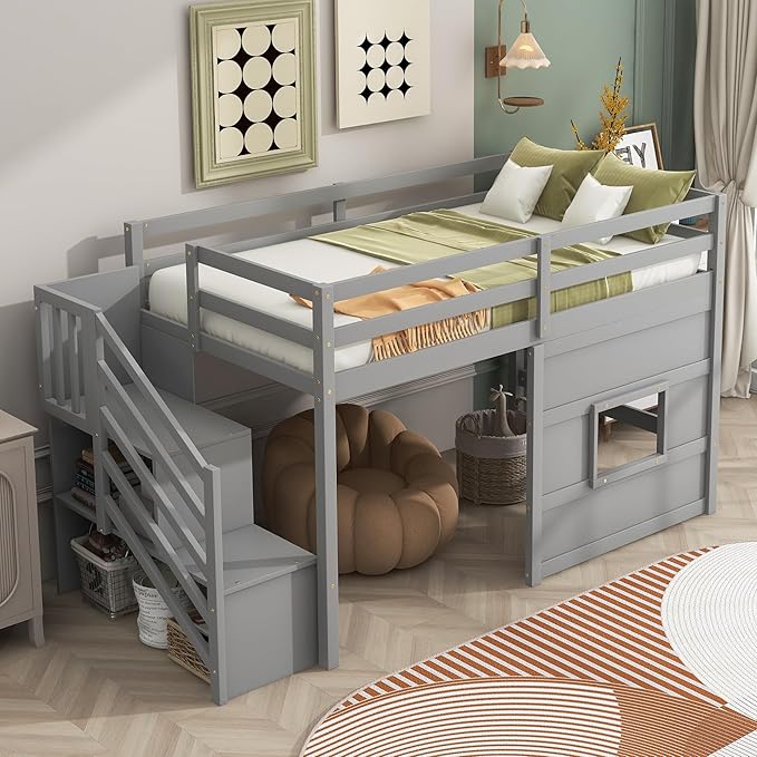 Twin Size Loft Bed with Storage Staircase and Window, Wood Twin Loft Bunk - Image 4