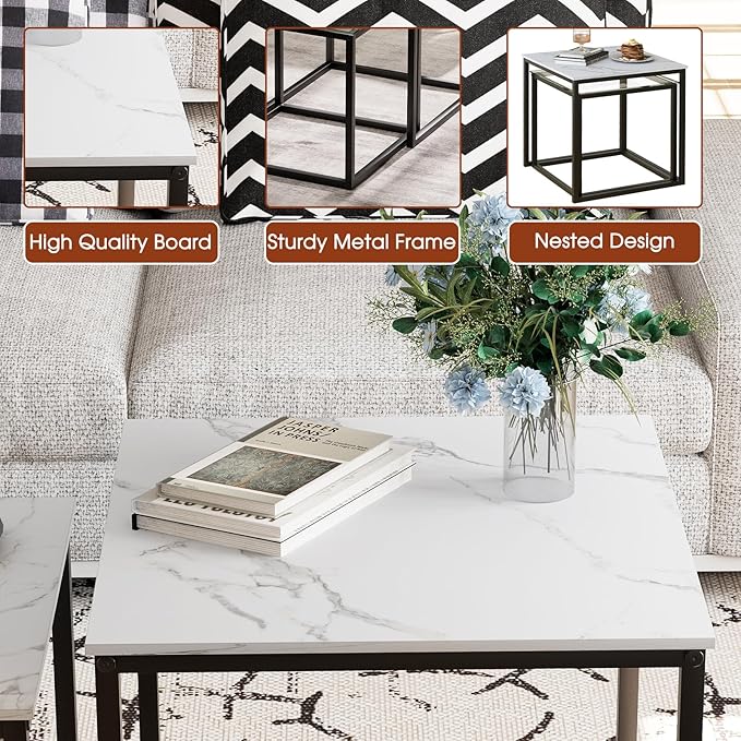 Garden 4 you Coffee Table Set of 2, Modern Faux Marble Nesting Table, Metal - Image 7