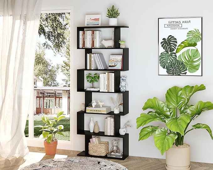 Yusong Bookshelf 6-Tier, Geometric Bookcase S Shaped Book Shelves - Image 2