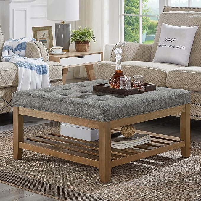 24KF Large Square Upholstered Tufted Linen Ottoman Coffee Table, Large Footrest by WEMARTHOMEDECOR