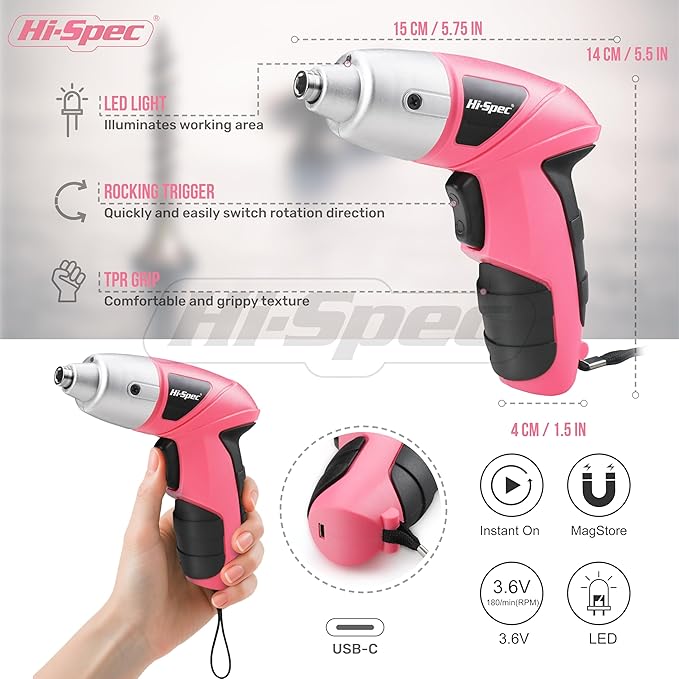 Hi-Spec Electric Screwdriver 27pc 3.6V Pink USB Small Power Screwdriver Set. - Image 3