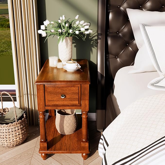 Narrow End Table with Drawer and Open Storage Shelf, Solid Wood Sofa Side Table - Image 2