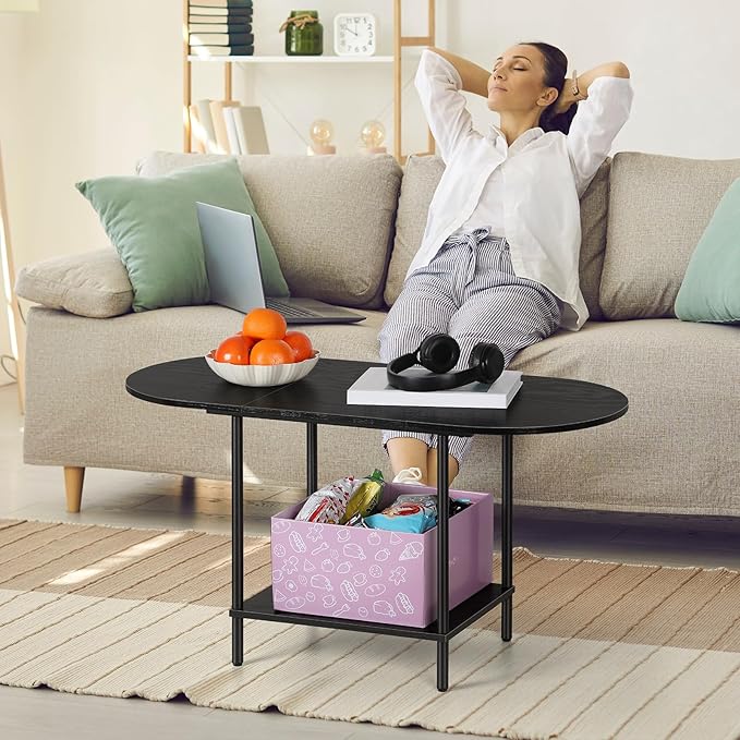 ETELI Black Coffee Tables for Living Room 2-Tier Small Oval Coffee Table Wood - Image 3