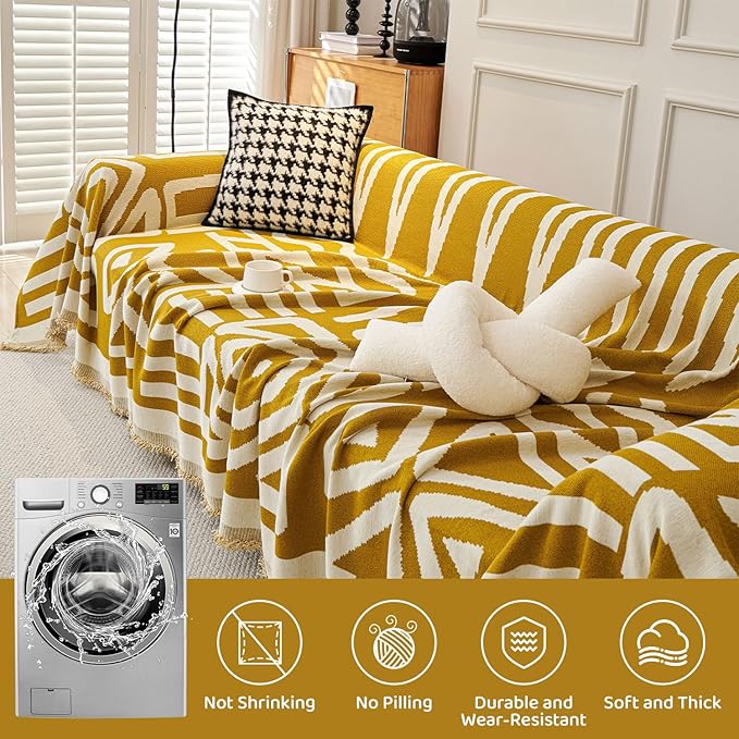 STACYPIK Boho Chenille Couch Cover, Ginger Yellow Sofa Cover - Image 6