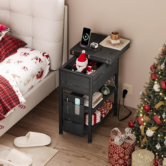 End Table with Charging Station, Flip Top Nightstand with USB Ports and Outlets - Image 4