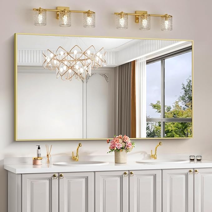 30x55In Gold Bathroom Mirror for Wall, Brushed Gold Rectangle Mirrors by Welcometocofeny