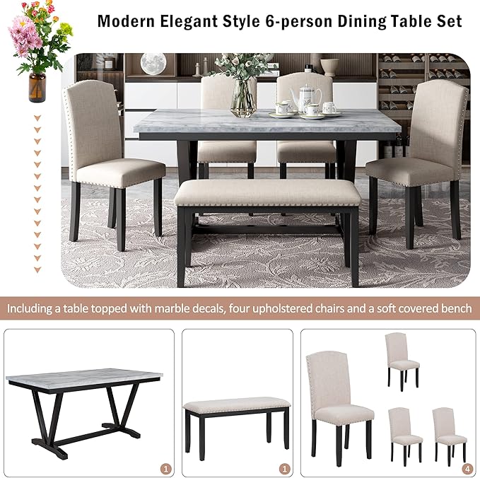 6 Pieces Dining Table Set with 60" Rectangle Marbled Veneers Tabletop Kitchen - Image 4