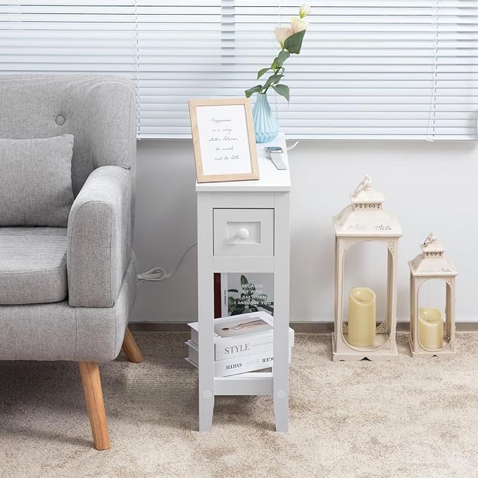 White End Table with Movable Top and Charging Station, Narrow Side Table with - Image 8