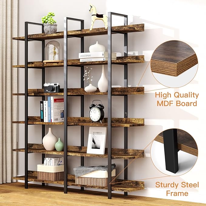 FRAPOW 83Inch Industrial Bookshelf and Bookcase, Double Wide 6 Tier Large - Image 6