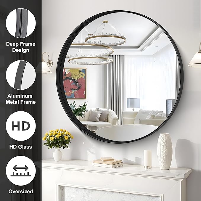 Black Round Mirror 39 inch Deep Frame Circle Mirror, Metal Frame Round Bathroom - Image 4