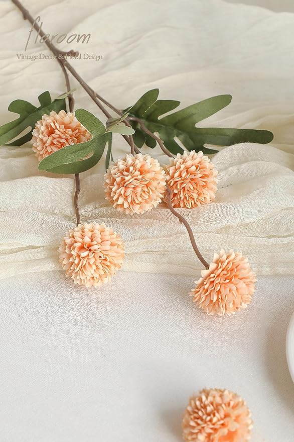 Floroom 5pcs Apricot Peach Faux Silk Mums Artificial Flowers, Bulk Fake Small - Image 3