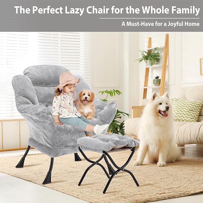 Lazy Chair with Folding Ottoman, Accent Chair Plush Upholstered with Metal - Image 4