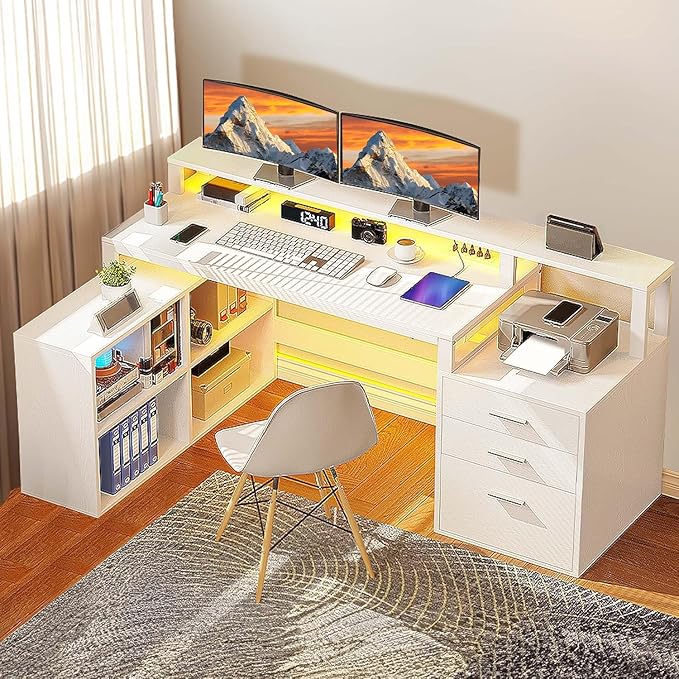 DWVO L Shaped Desk with Drawers, Corner Home Office Desk with Storage Shelves & by DWVO