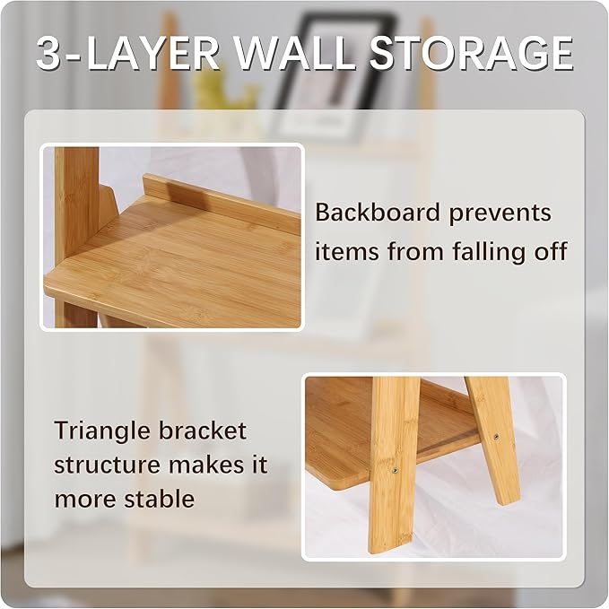 DOUSY-3-Tier Ladder Shelf, Bamboo Ladder Bookshelf Leaning Bookcase Trapezoid - Image 4