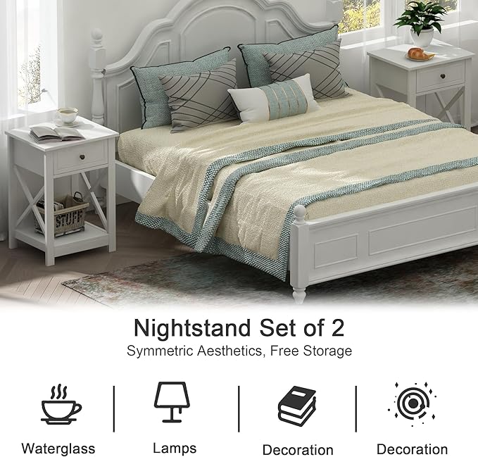 Treocho White Nightstand Set of 2, Modern X-Design Night Stand, Bedside End - Image 4