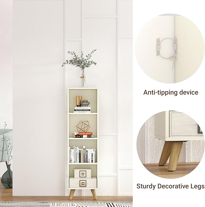 Manora Small Bookcase with 4 Open Shelves, Modern White Bookshelf with Wooden - Image 4