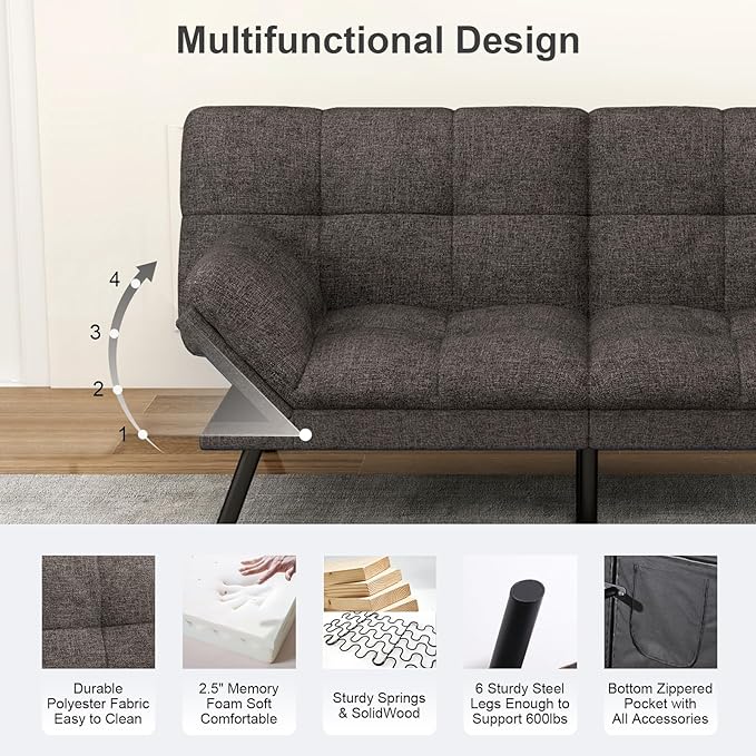 Vipbear Futon Sofa Bed Couch, Space-Saving Loveseat - Image 6