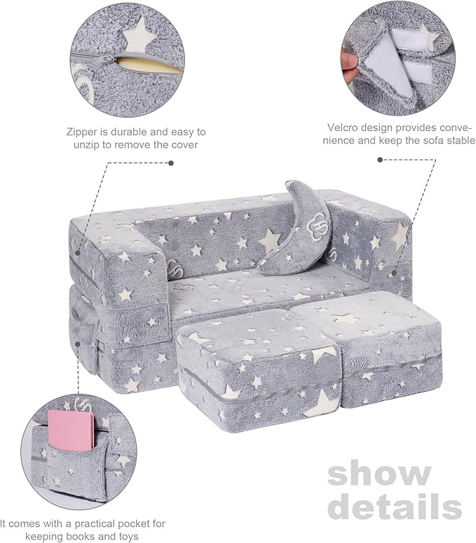 Modular Kids Sofa, Glow in The Dark Star Plush Couch, Convertible Kids Play Set - Image 6