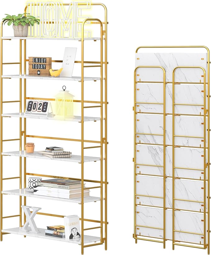 4NM No Assembly Folding Bookshelf 6 Tiers Vintage Industrial Gold Book Shelf by 4NM