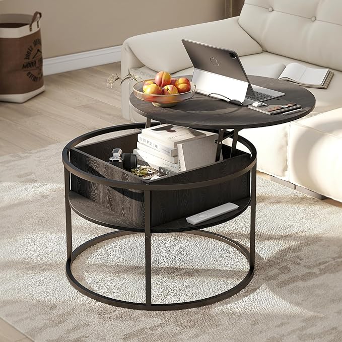 Round Lift Top Coffee Table, Coffee Tables Living Room, Wood Farmhouse Coffee by HOJINLINERO