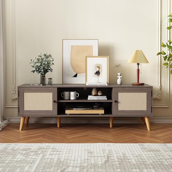 TV Stand for TVs up to 65 inches, Rattan Grain Finish Panel - Image 4