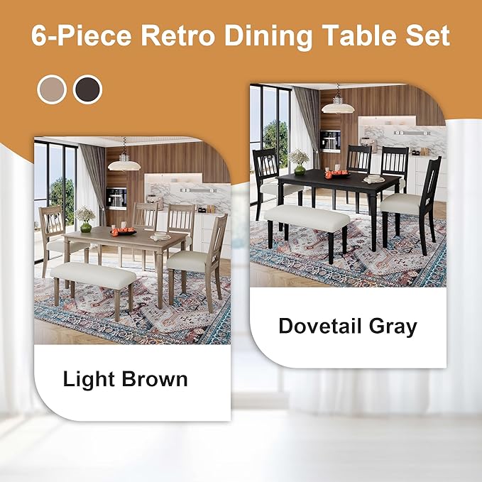 Merax 6-Piece Retro Dining Table Set, 6 Seats Wooden Rectangular Table - Image 7