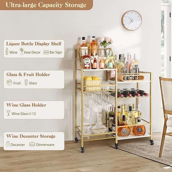 VINAEMO Gold Bar Cart With Wine Glass Holder, Stand - Image 4