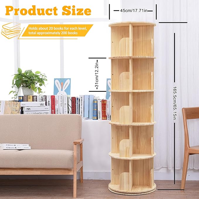 5 Tier Rotating Bookshelf Tower 360 Display Spinning Bookshelf Tower Floor - Image 3