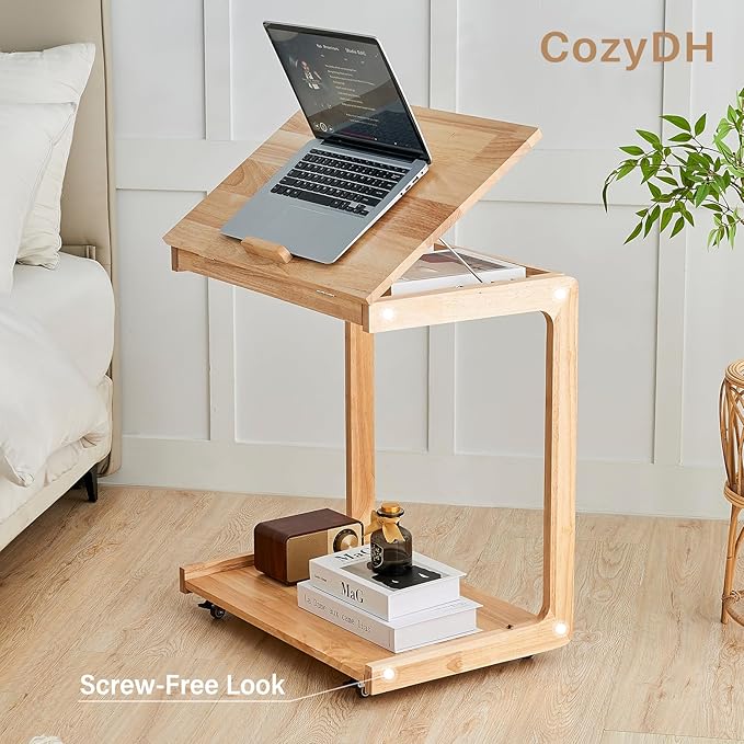 CozyDH Adjustable C Shaped End Table, Solid Wood Rolling Side Table, TV Sofa - Image 8