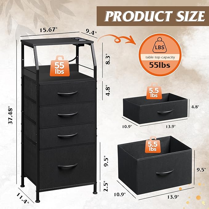 WLIVE Night Stand with Charger Station, LED Nightstand with 4 Fabric Drawers - Image 3