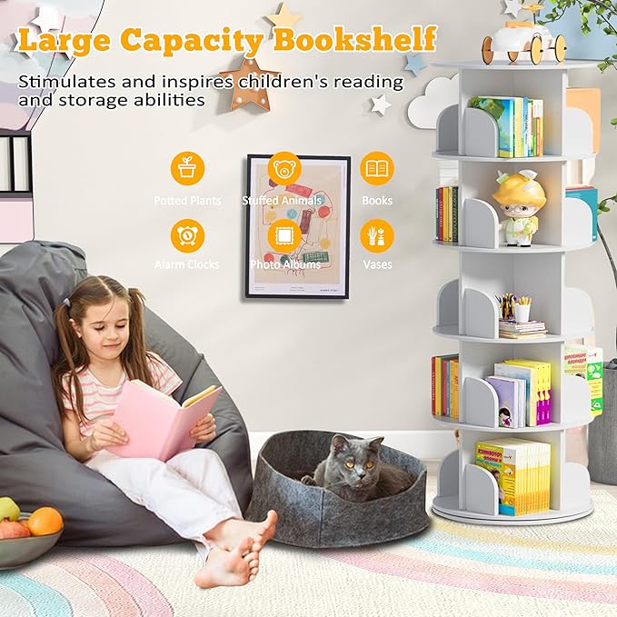 5 Tier Rotating Bookshelf Tower, 360 Display Wood Spinning Bookshelf Tower - Image 4