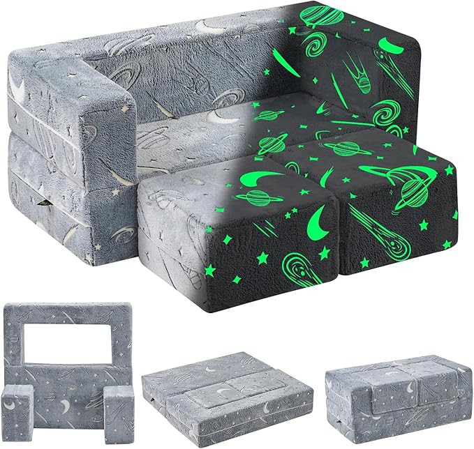 Kids Couch Sofa Modular Toddler Couch, Glow in The Dark 3 in 1 Fold Out Kids by TELER