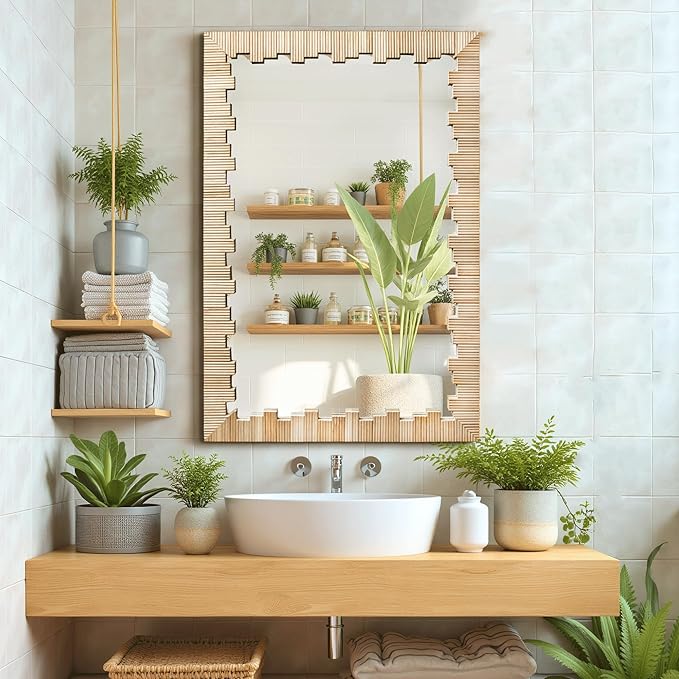 Boho Wall Mirror with Wood Frame, Living Room - Image 3