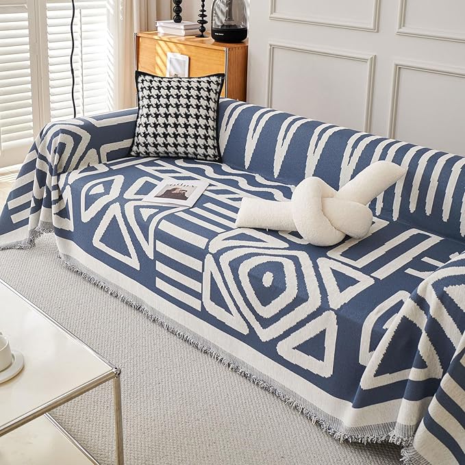 STACYPIK Reversible Boho Blue Beige Couch Cover - Image 9