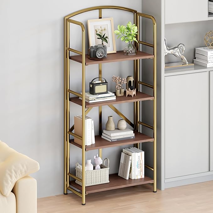 No-Assembly Folding Gold Bookshelf Storage Shelves 4 Tiers Vintage - Image 4