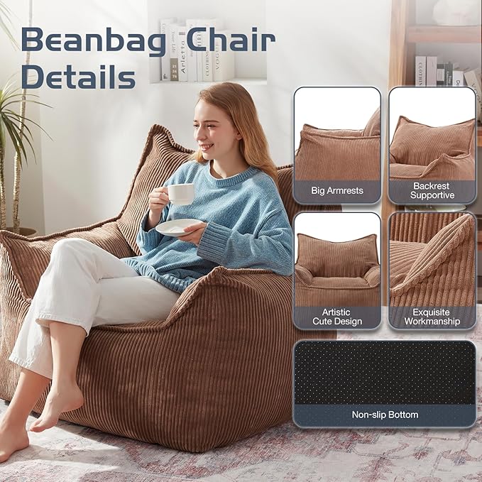 Giant Bean Bag Chair Sofa for Adults Teens, Comfy Corduroy Large Bean Bag Chairs - Image 7