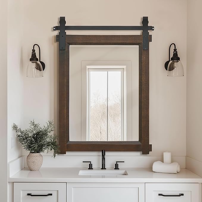 Farmhouse Barn Door Mirror: 22"x30" Black Rustic Wood Frame Mirror - Image 4