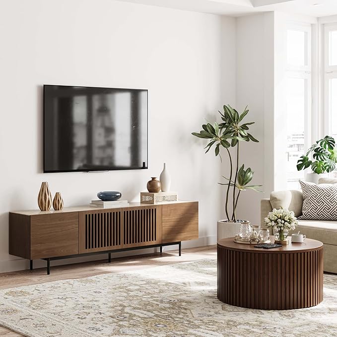 POVISON Mid Century Modern Sintered Stone TV Stand, Slatted Media Console TV - Image 7