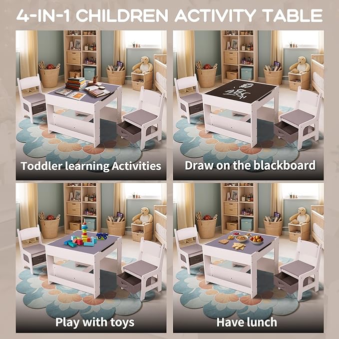 Joyooss Kids Table and Chair Set, 4 in 1 Wooden Kids Table and Chairs Ages 3-7 - Image 4