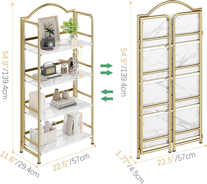No-Assembly Gold Folding Bookshelf Storage Shelves 4 Tiers Vintage - Image 3