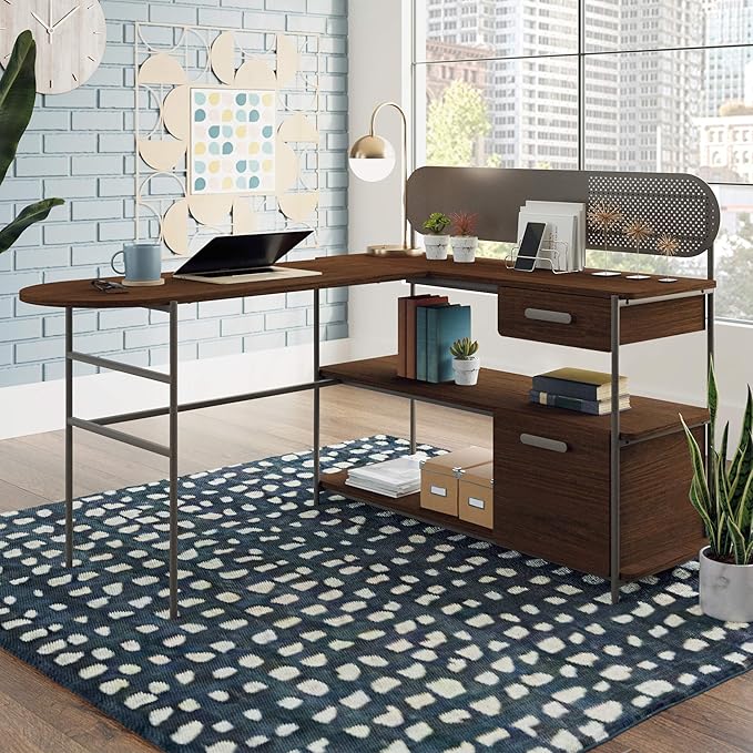 Sauder Radial Modern Metal and Wood L-Shaped Desk, Umber Wood Finish - Image 2