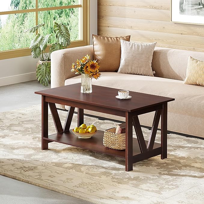 WLIVE Coffee Table with Storage Shelf, 39.4" Farmhouse Coffee Table with - Image 2
