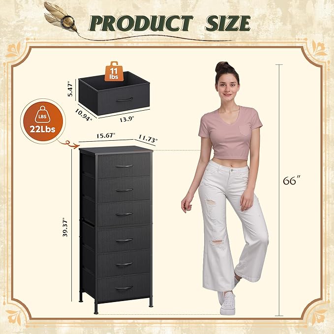 WLIVE Black Tall Dresser for Bedroom, 6 Drawer Dressers & Chests of Drawers - Image 3