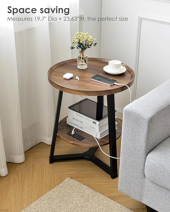 Round End Table with Charging Station, 19.7" Dia x 23.63" H, Side Table with - Image 4