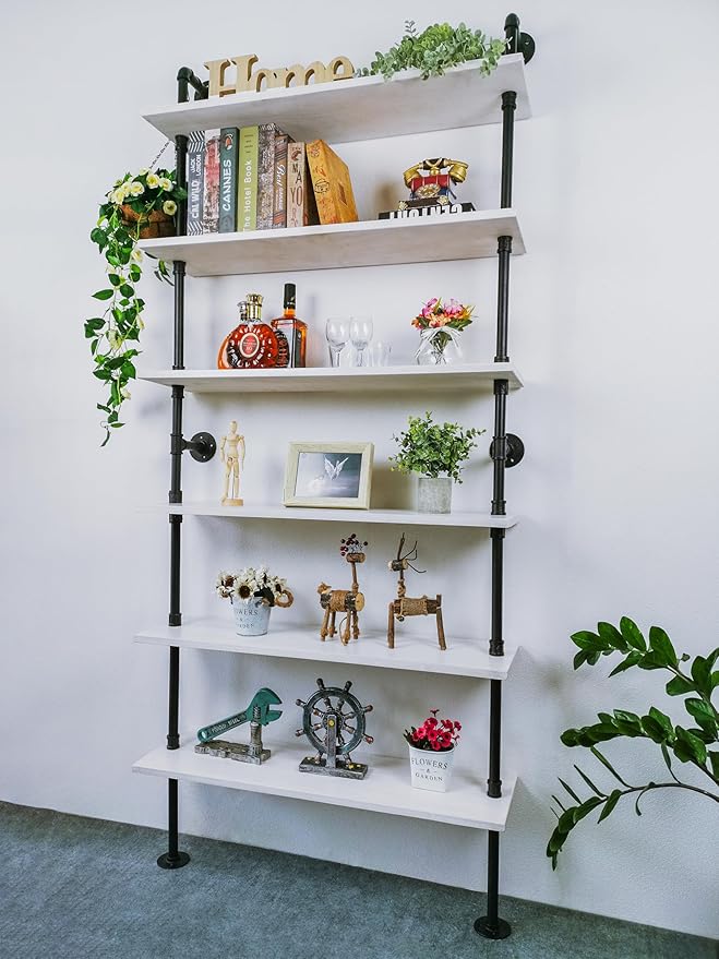 6 Tier Industrial Ladder Shelf Bookcase, Wall Mounted Rustic Bookshelf - Image 8