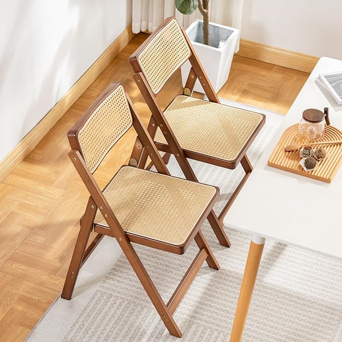Rattan Folding Chairs, Modern Mid Century Dining Chairs Set of 2, Outdoor - Image 2