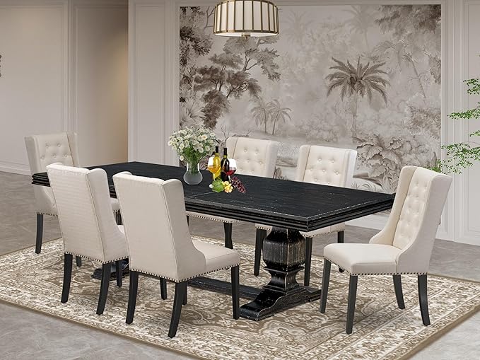 NKFO7-SBB-01-7-Piece Dining Set Consists of a Dining Table and 6 Cream Linen by LuxebyEastWestFurniture