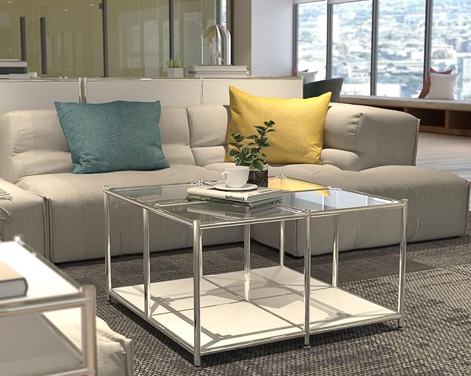 Matte Coffee Table with Open Storage, Square Tempered Glass Storage Rolling - Image 7