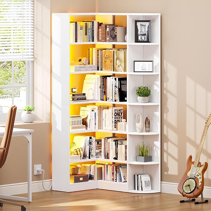 YITAHOME Corner Bookshelf with LED Light, 6 Tier Corner Shelf White Bookshelf - Image 3